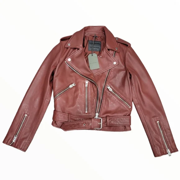 All Saints Balfern Leather Biker Jacket Fire Red Moto Burgundy Maroon Size 4 - Picture 4 of 7